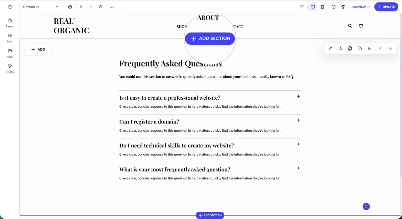 Selected section on a page in Website Builder with a highlighted Add Section button 