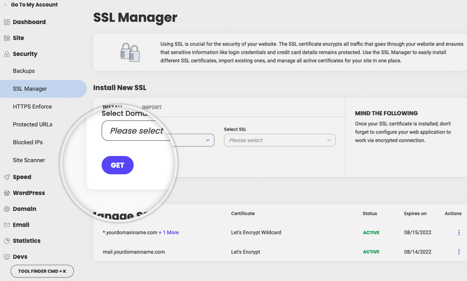 Capture d’écran de l’installeur SSL dans les outils du site 
