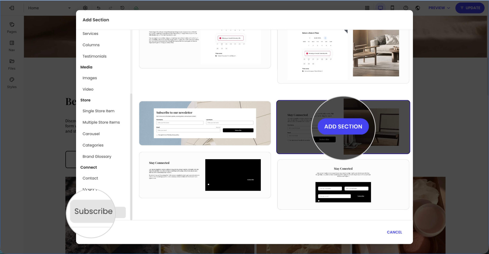 Add Section window with a selected Subscribe section layout for adding a subsciption form for Email Marketing