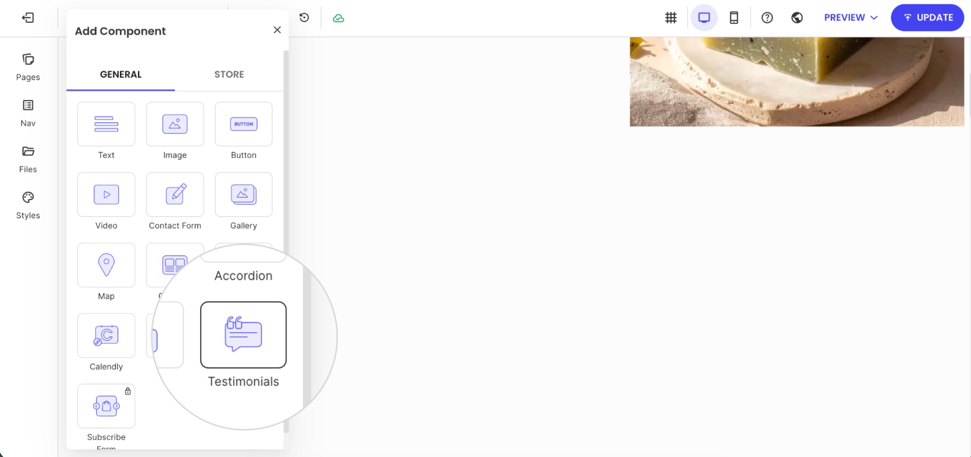 Add Component panel in the website builder with the Testimonials component highlighted under the General tab