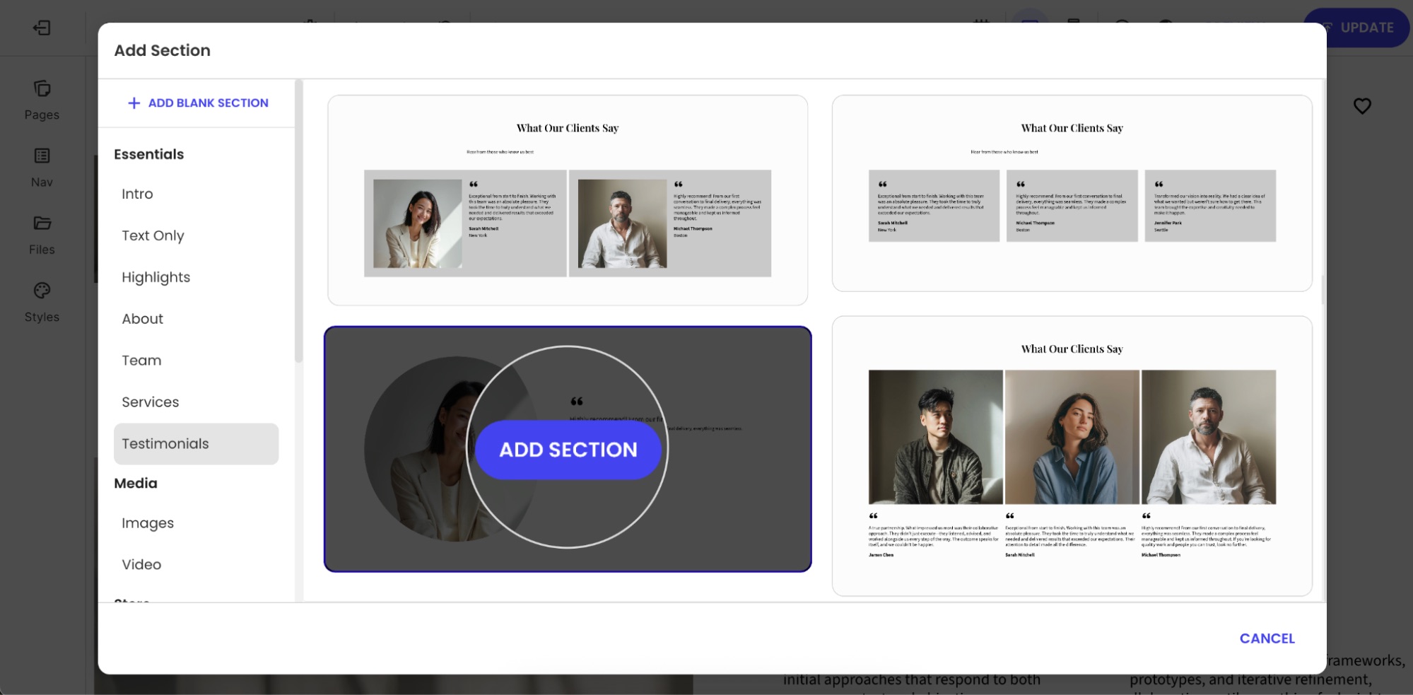 Add Section modal showing Testimonials section layouts with preview cards and Add Section button highlighted