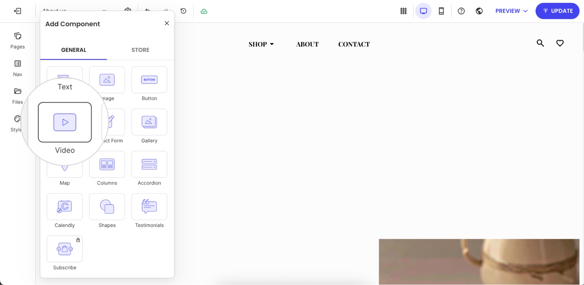 Add Component panel in Website Builder with the Video component option highlighted under the General tab for embedding video content