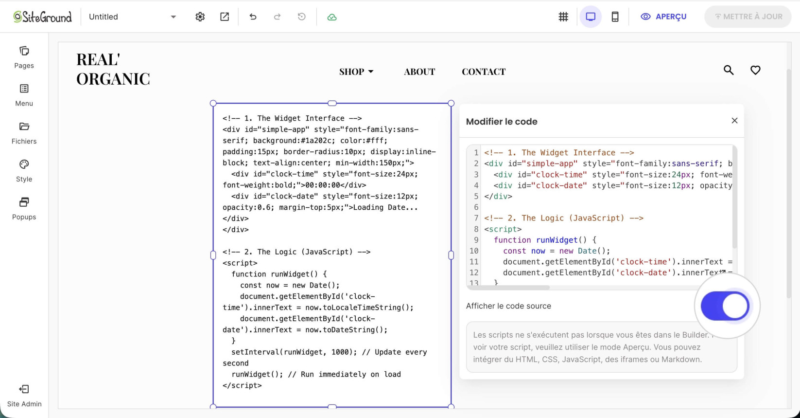 Composant de code avec un basculeur Afficher le code source activé qui affiche soit le code soit le résultat dans la boîte de composant