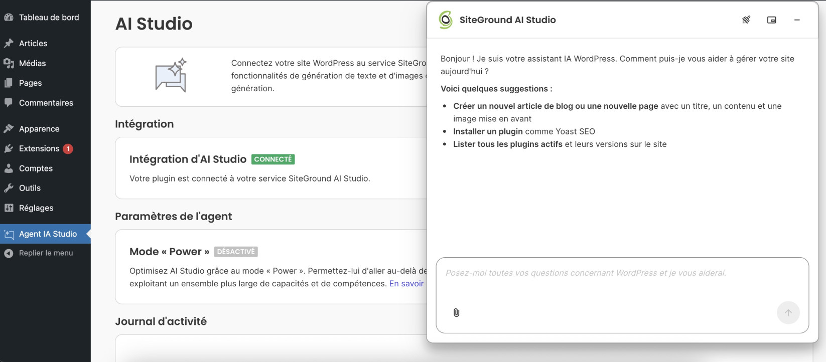 Interface WordPress affichant la page AI Studio avec l’agent IA SiteGround ouvert, proposant des suggestions pour créer du contenu, gérer des plugins et administrer le site.