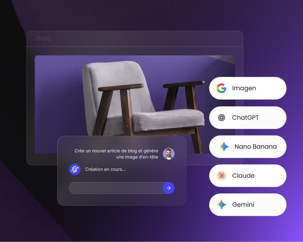 Interface AI Studio générant un article de blog et d’une image d’en-tête pour un produit vedette, avec modèles IA (Imagen, ChatGPT, Nano Banana, Claude, Gemini) listés sur le côté.