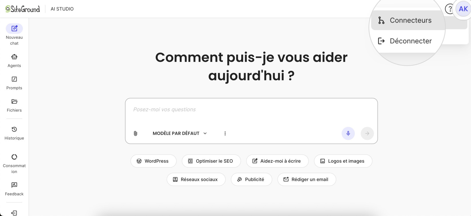 Capture d’écran de la page d’accueil de l’interface SiteGround AI Studio. Le cercle affichant les initiales de l’utilisateur en haut à droite est cliqué, et l’option « Connecteurs » est mise en évidence dans le menu déroulant.