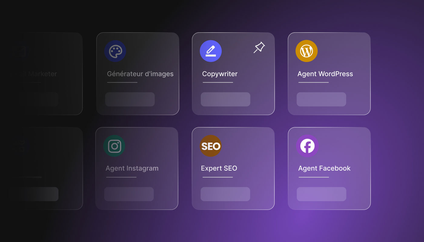 Liste des agents de SiteGround AI Studio, y compris l\'agent IA pour WordPress, Copywriter, Gestionnaire des réseaux sociaux et Expert SEO