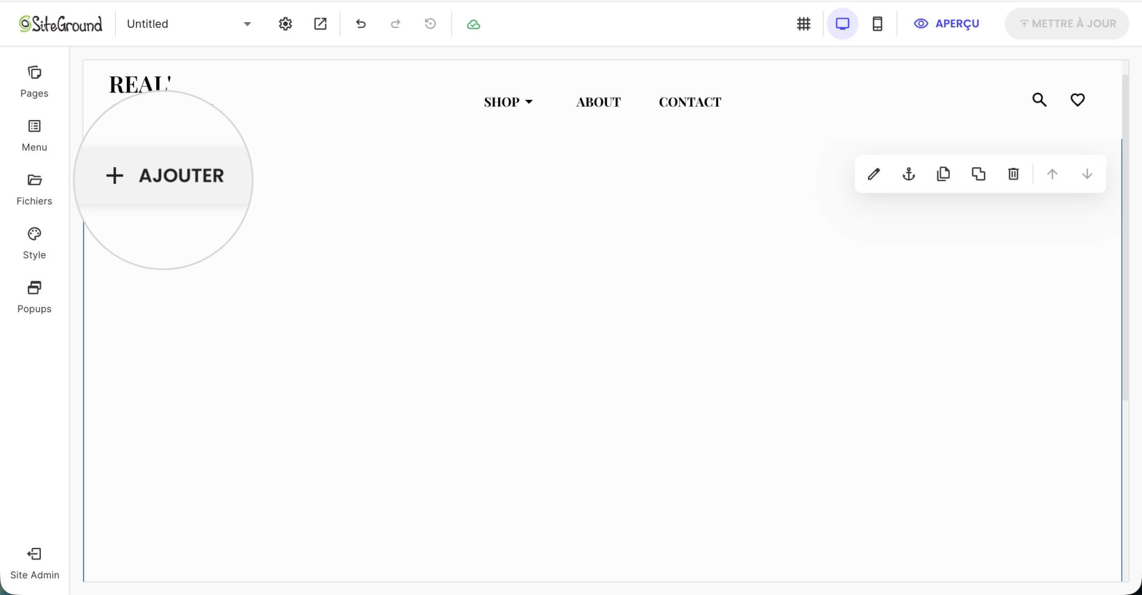 Une section de page sélectionnée dans Website Builder où le bouton Add pour ajouter un composant est mis en évidence