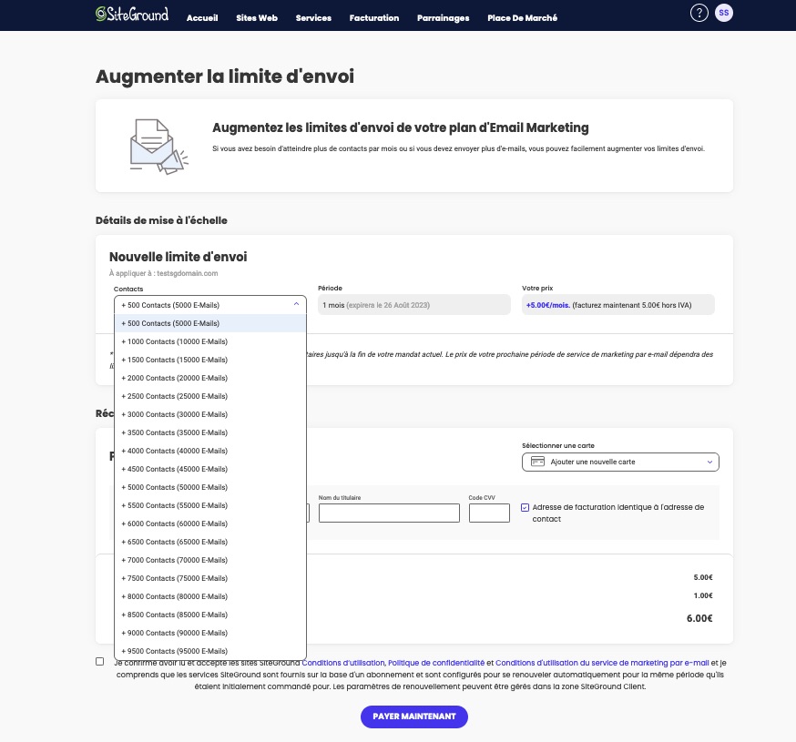 Capture d'écran montrant comment ajouter plus de contacts/envois à votre service d'email marketing