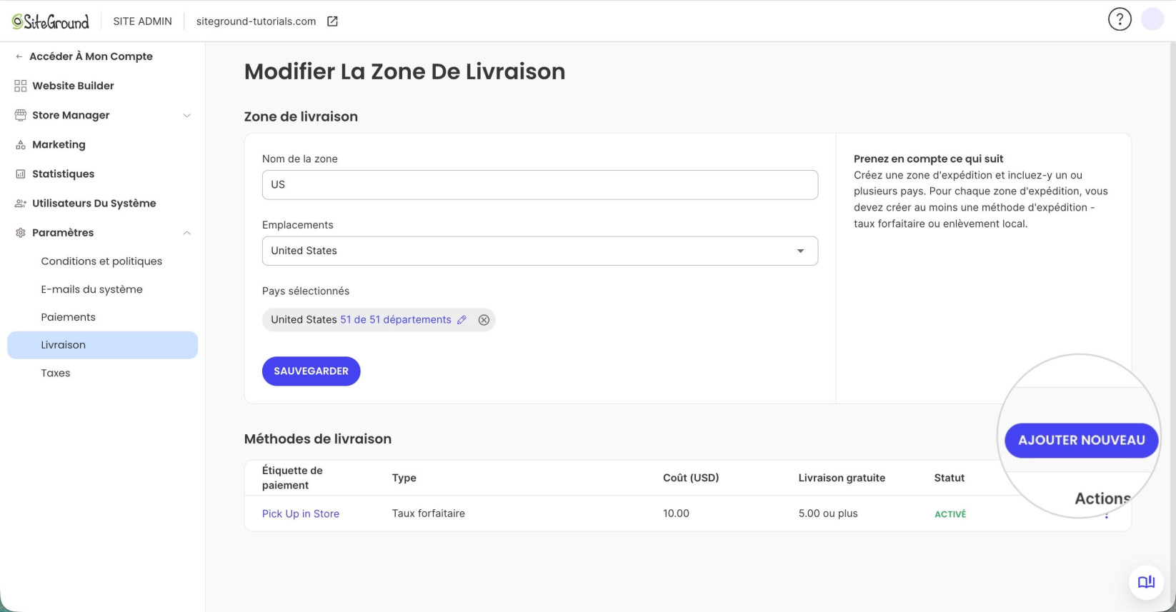 Éditeur de zone d'expédition où vous pouvez ajouter une nouvelle méthode d'expédition avec le bouton Ajouter nouveau