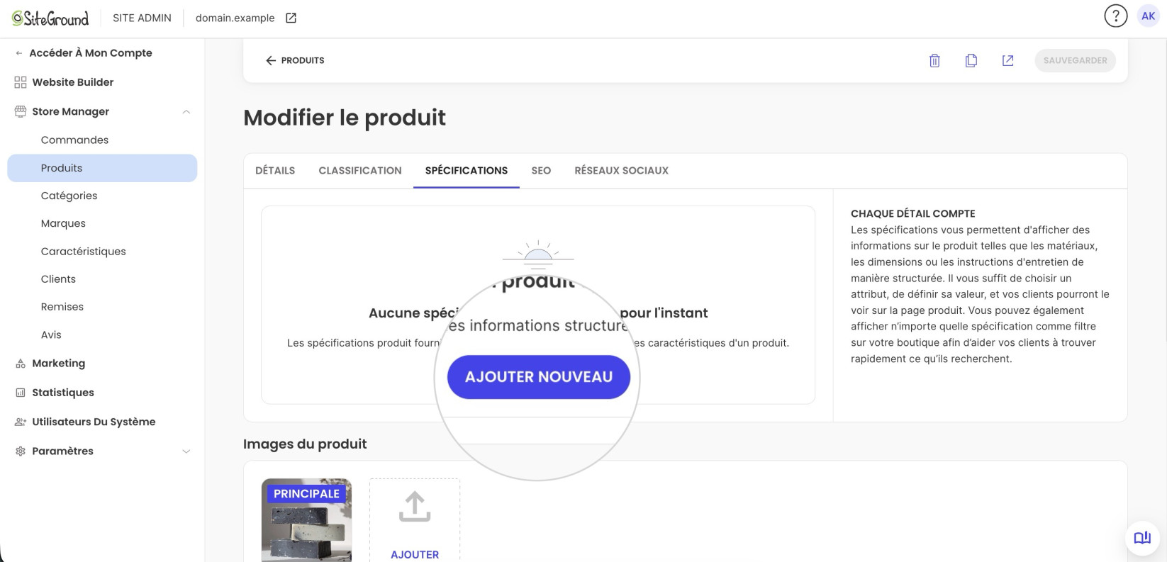 Cliquez sur le bouton Ajouter dans l’onglet Spécifications pour ajouter des spécifications au produit.