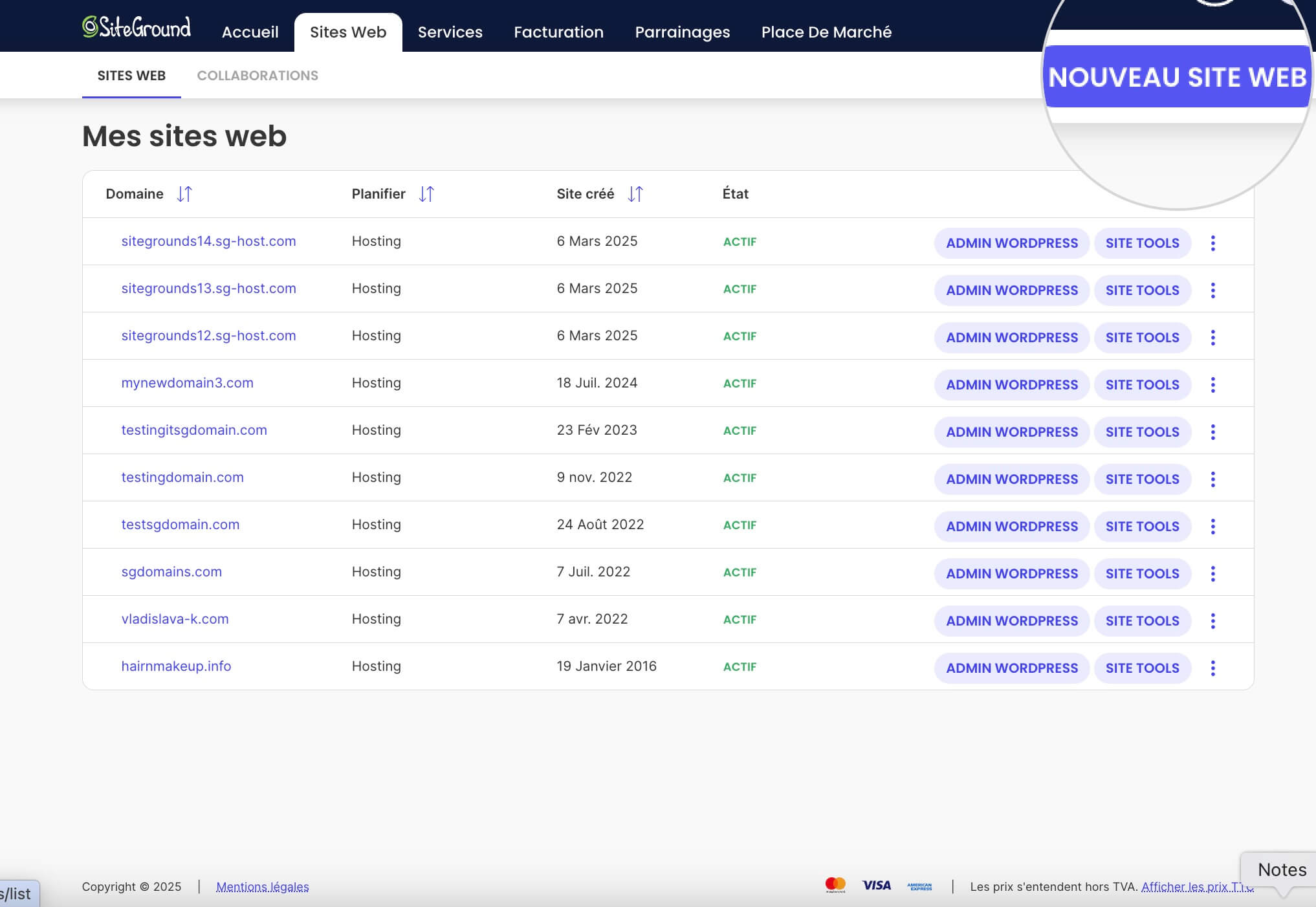 Ajout d'un nouveau site Web dans la zone utilisateur de SiteGround avant d'installer WordPress.