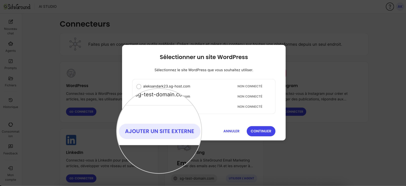 Fenêtre Sélectionner un site WordPress dans AI Studio, mettant en évidence le bouton Ajouter un site externe pour connecter un site WordPress non listé.