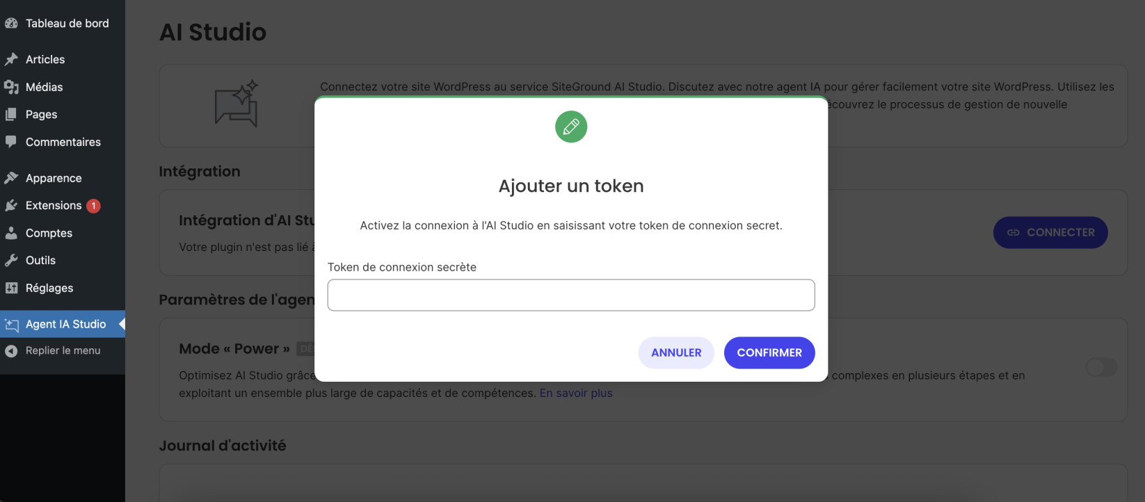Fenêtre Ajouter un token dans WordPress, demandant la saisie du token de connexion secrète pour activer l’intégration AI Studio.