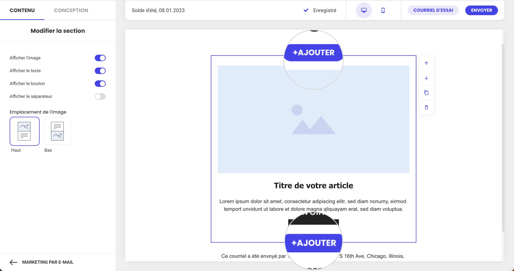 Capture d'écran montrant comment ajouter une nouvelle section avec le bouton Ajouter