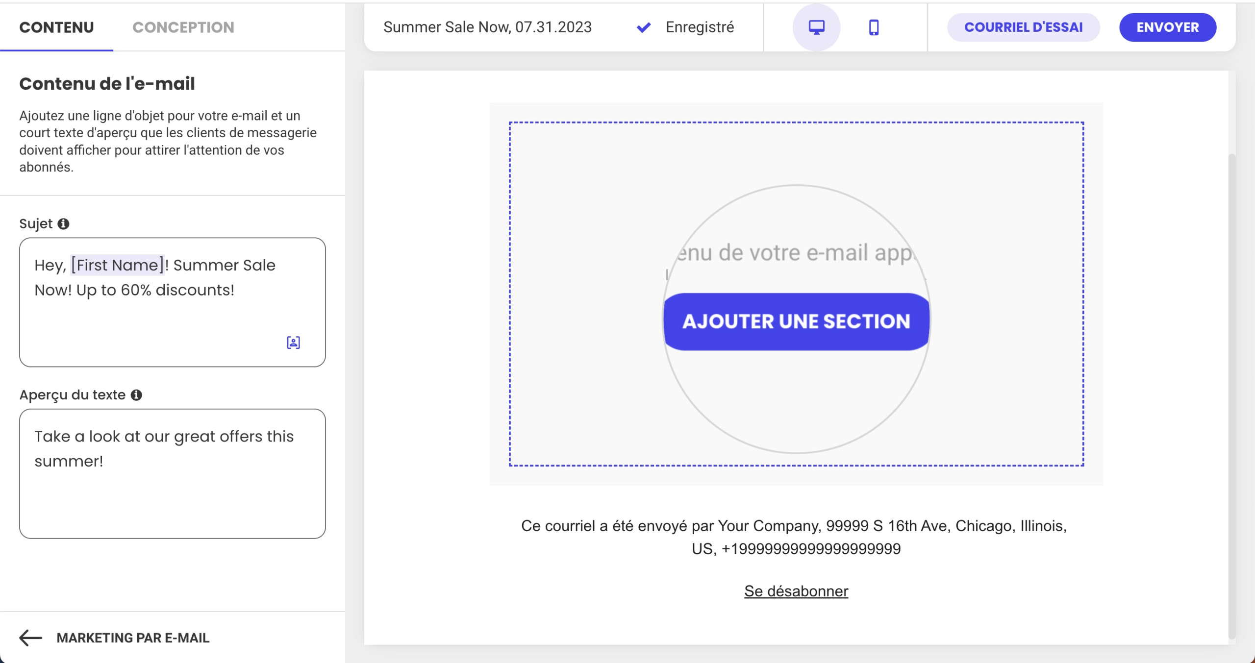 Capture d'écran du bouton Ajouter une section dans l’générateur d’e-mails