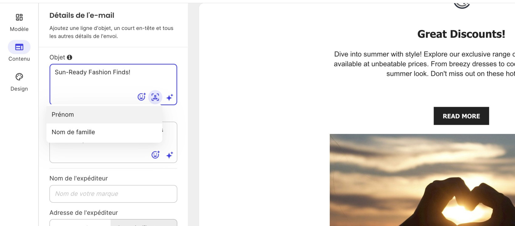 Capture d'écran montrant comment choisir le type de variable à ajouter dans votre ligne d'objet dans Email Marketing