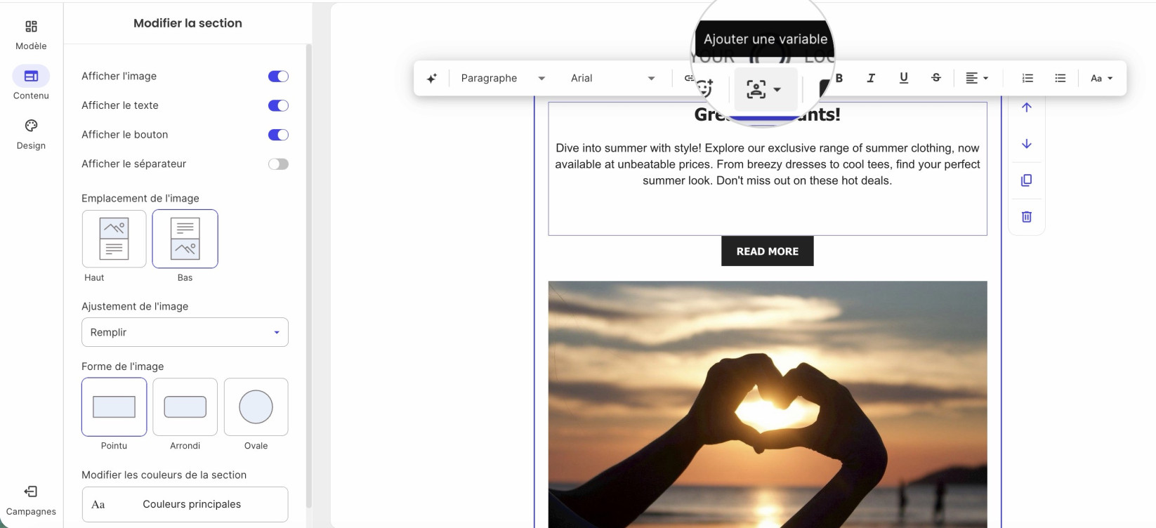 Utilisation de variables dans le corps d’e-mail
