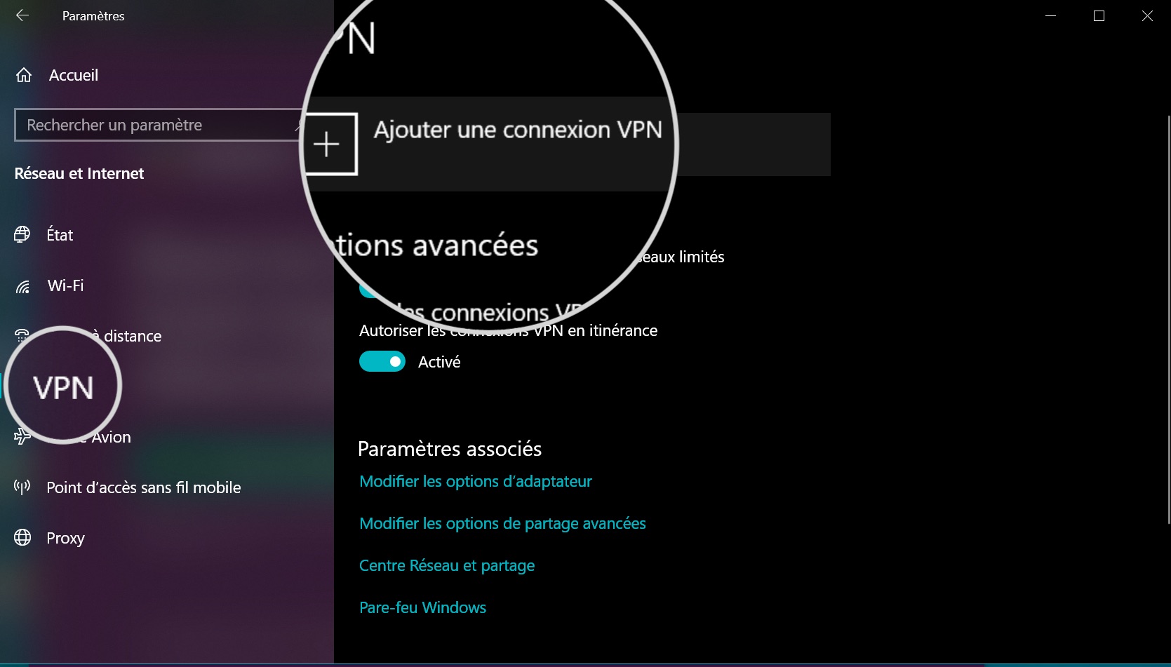 Capture d'écran du bouton Ajouter une connexion VPN dans le système d'exploitation Windows