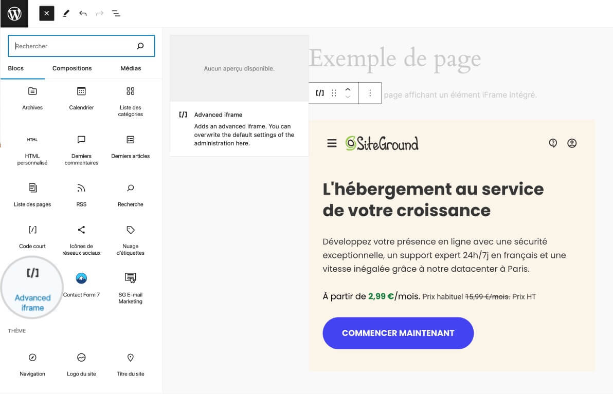 Widget Advanced iFrame dans Gutenberg