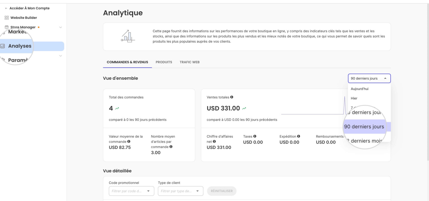 Section Analyses dans SiteGround Ecommerce avec une période sélectionnée