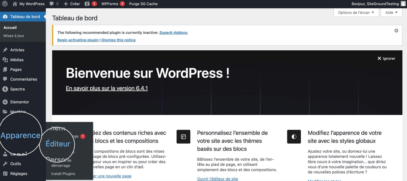 Capture d’écran montrant le bouton Éditeur d’apparence de site dans WordPress