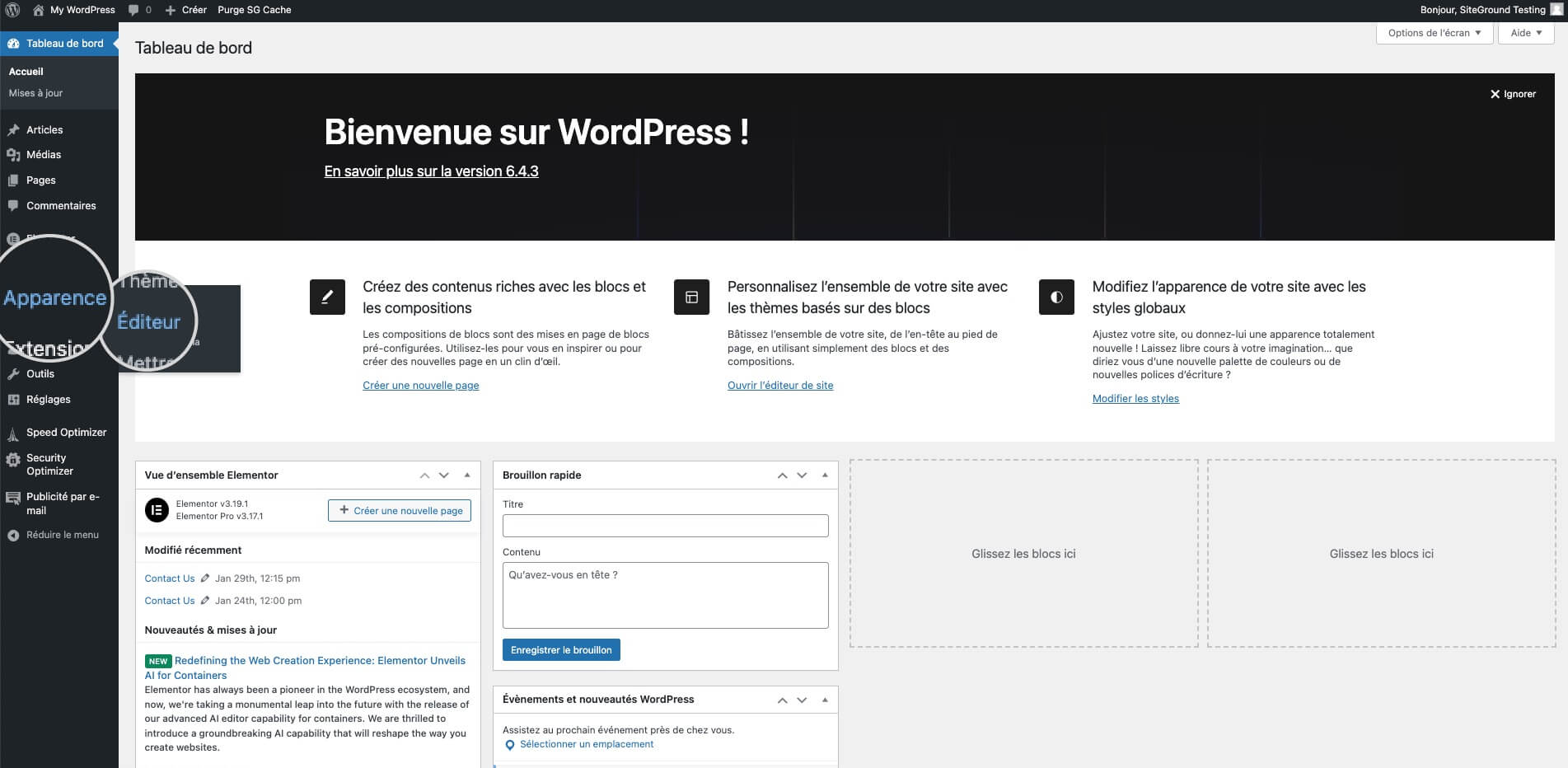 Capture d'écran montrant comment accéder à l'éditeur de site complet WordPress