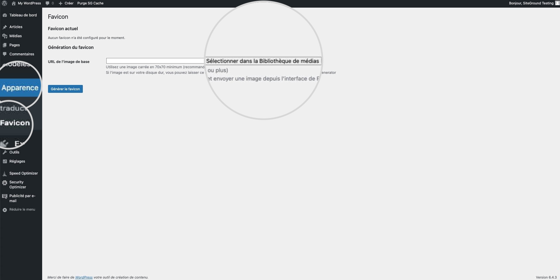Capture d'écran montrant le bouton Sélectionner dans la bibliothèque multimédia dans l'icône de favori d'apparence