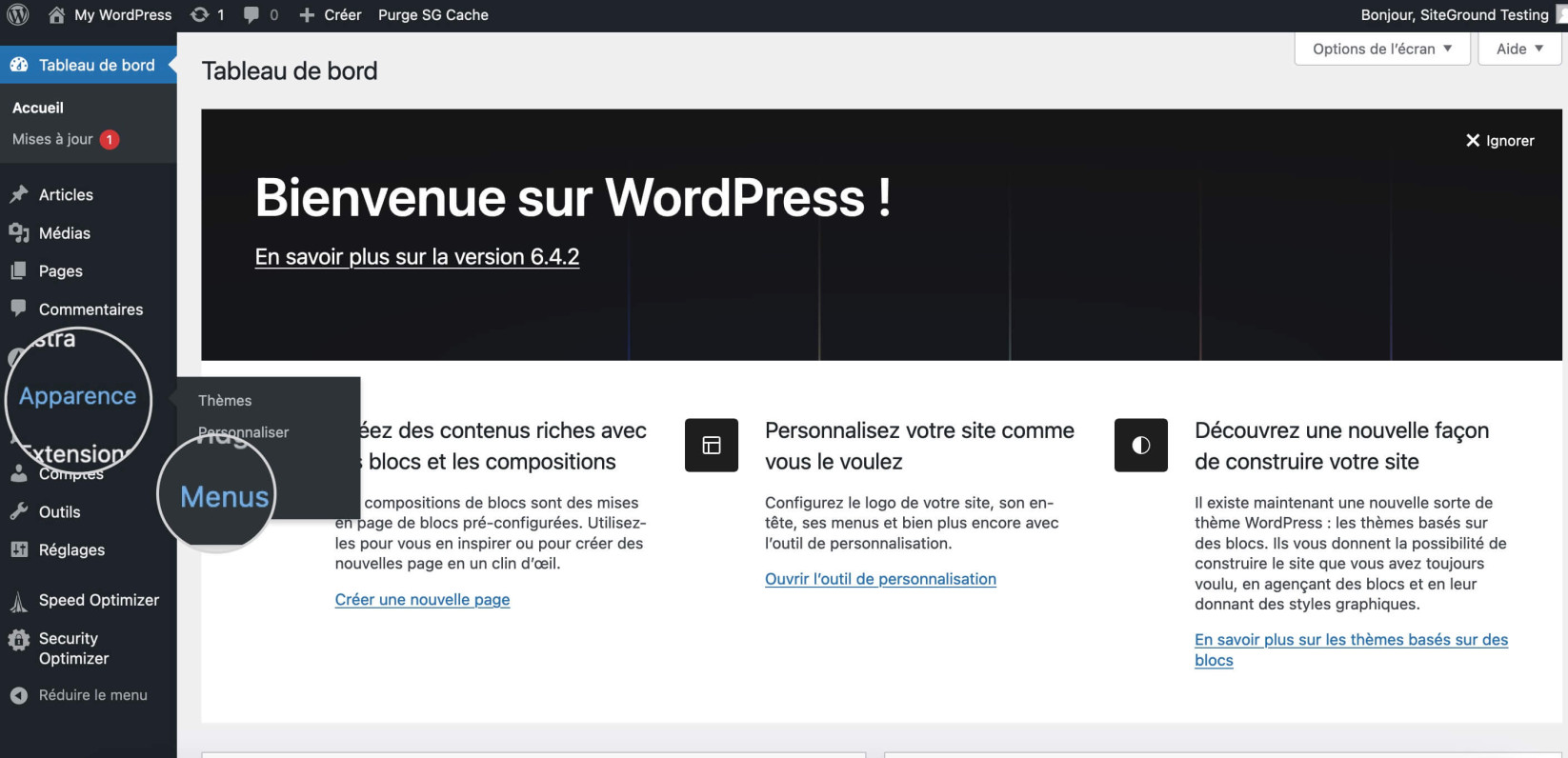 Capture d'écran montrant l'option du menu Apparence dans le tableau de bord WordPress