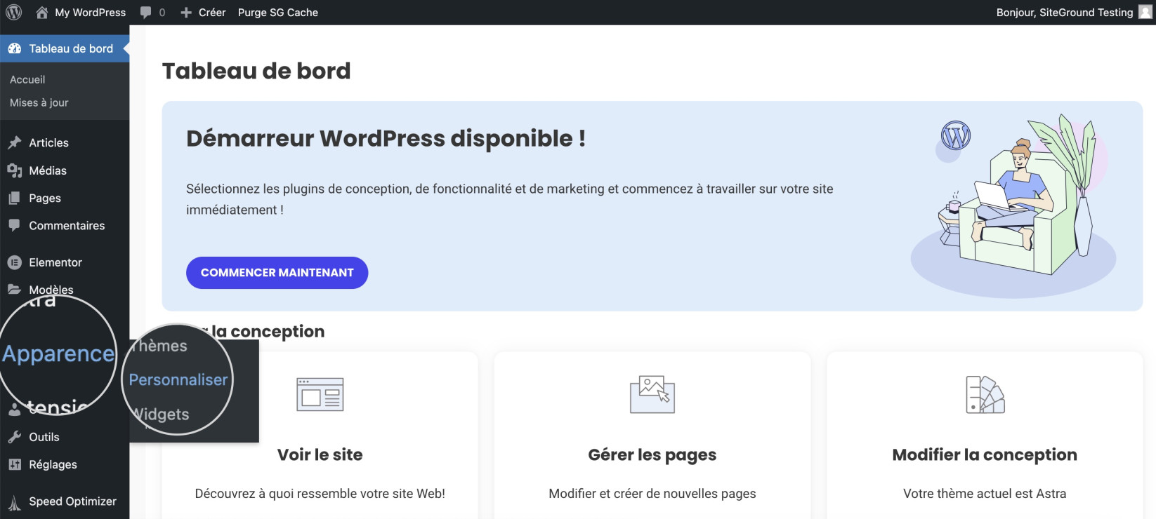 Capture d'écran montrant comment accéder à la section Personnalisation de l'apparence dans WordPress