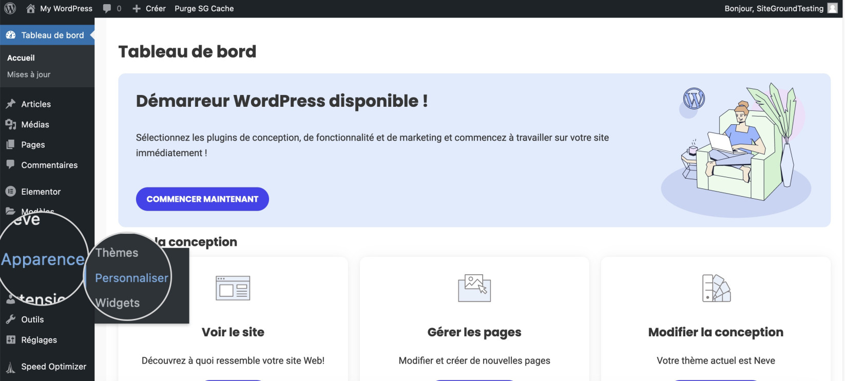 Capture d’écran de la section Personnaliser l’apparence du tableau de bord WordPress