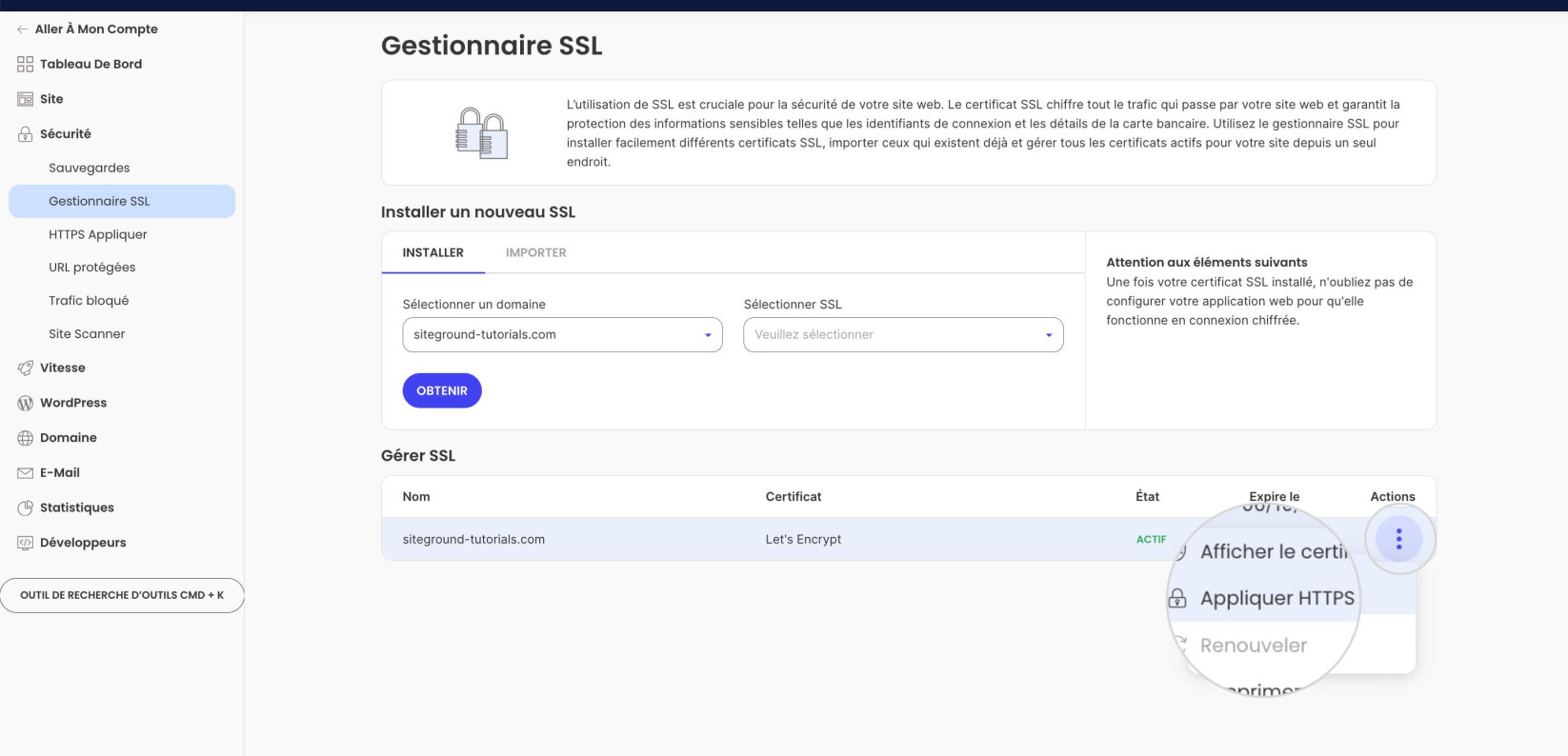 Option de Appliquer HTTPS dans le Gestionnaire SSL
