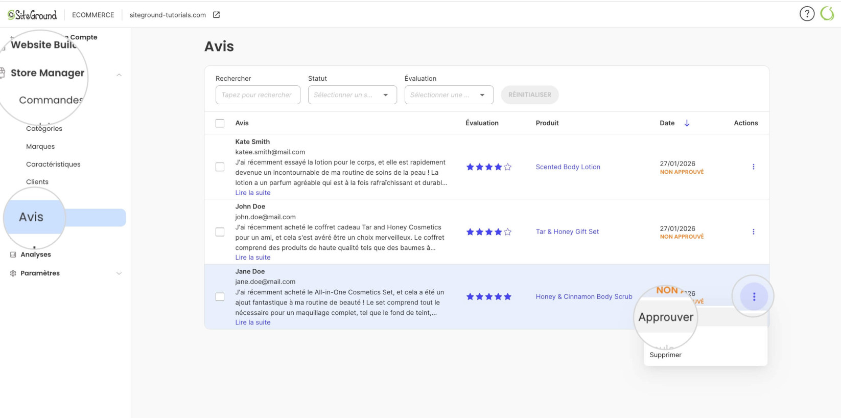 Approuver un avis produit dans SiteGround Ecommerce