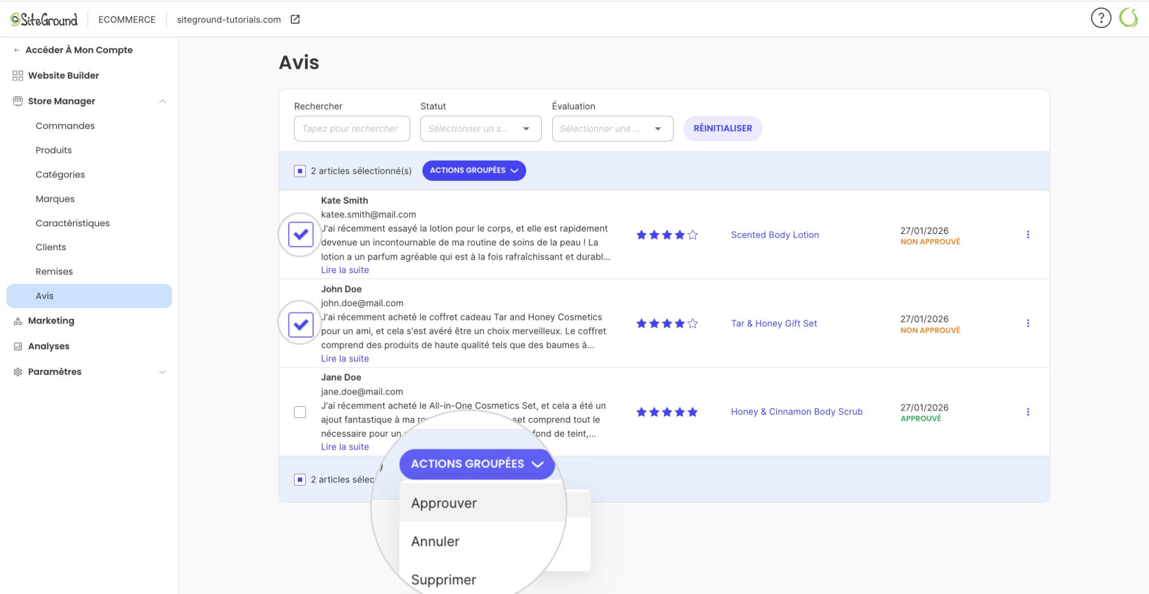 Approbation en masse des avis produits dans SiteGround Ecommerce
