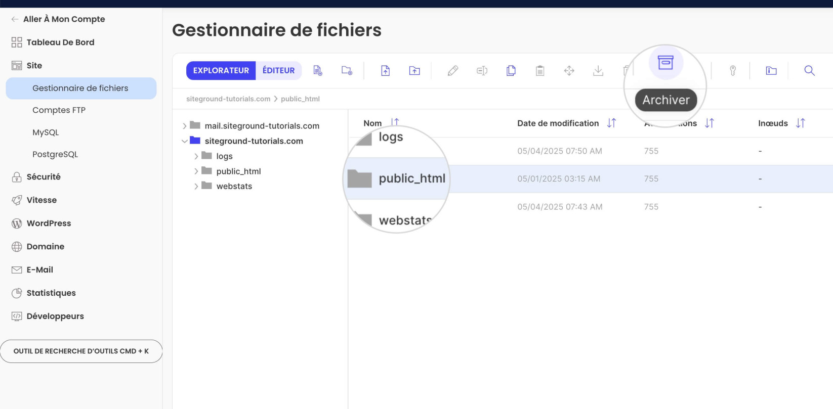 Archivage du dossier racine d'un site web