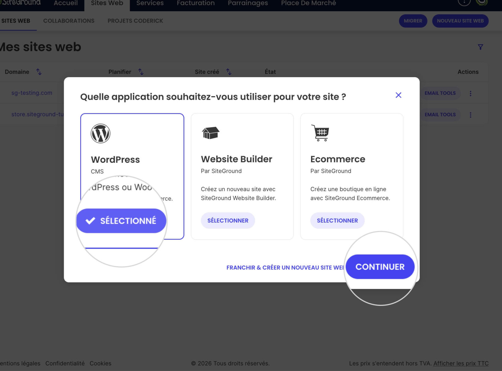 Assistant de nouveau site web avec une option WordPress sélectionnée