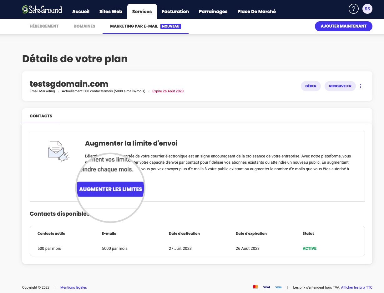 Capture d'écran montrant le bouton Augmenter les limites dans SiteGround Email Marketing