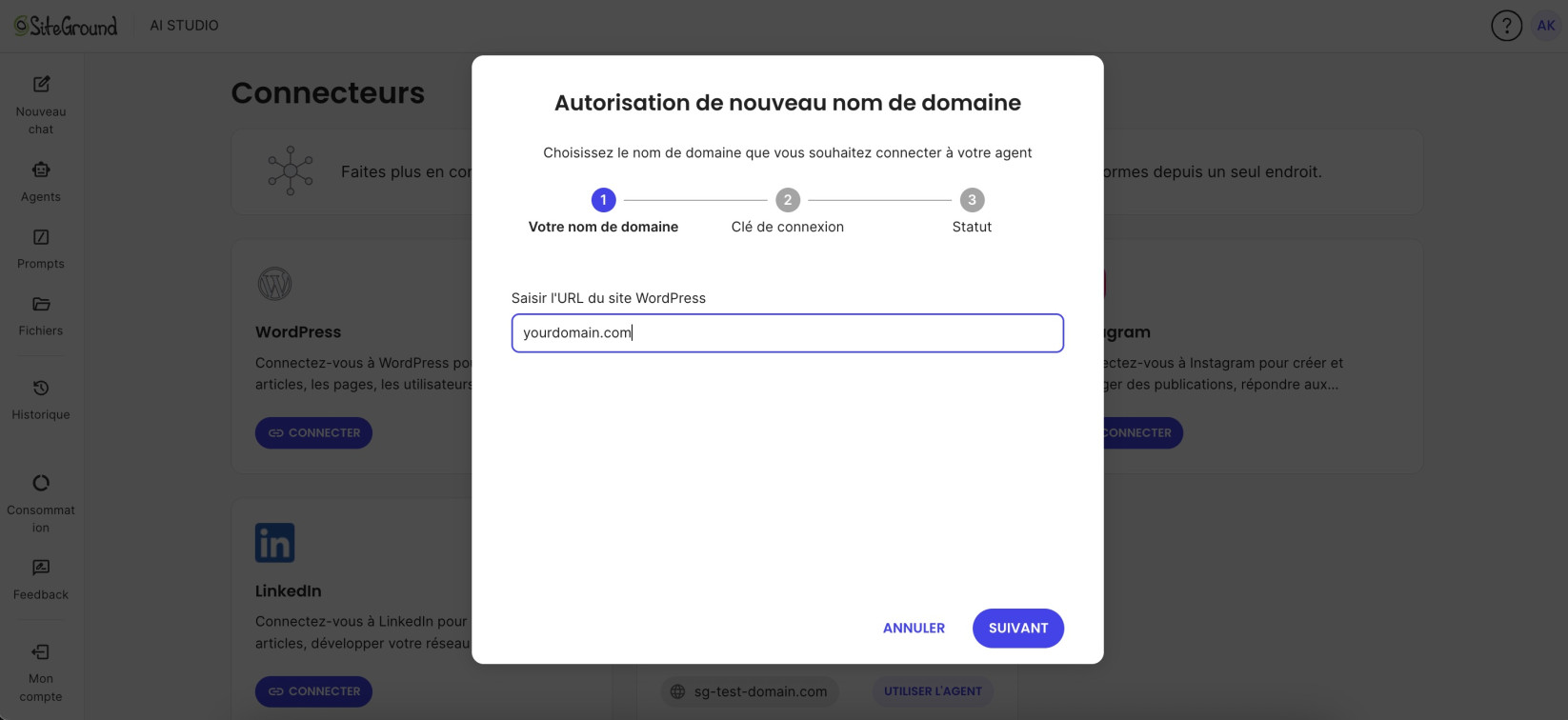 Étape 1 de l’autorisation d’un nouveau nom de domaine dans AI Studio, avec un champ pour saisir l’URL du site WordPress à connecter.