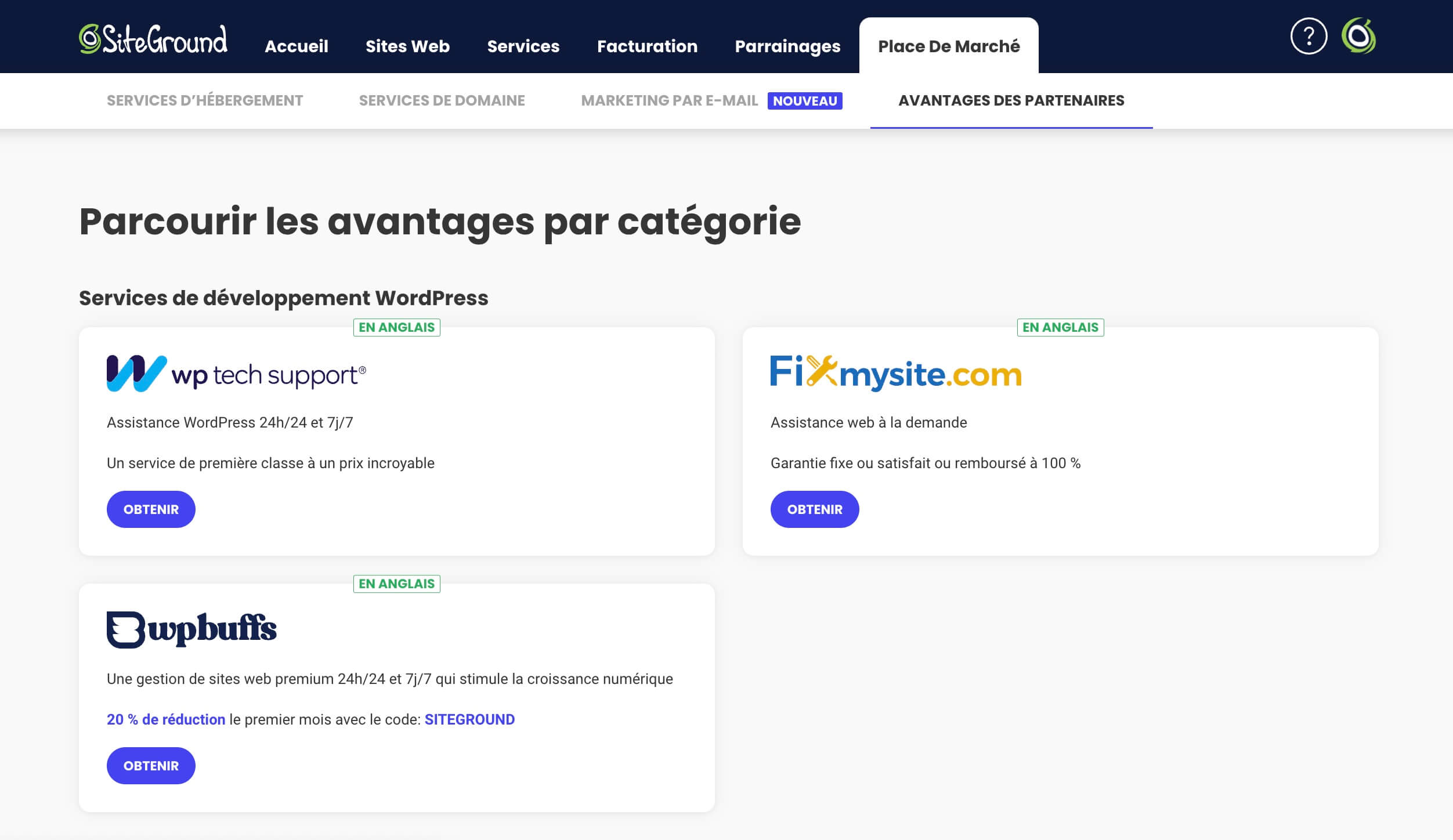 La section Avantages des partenaires dans l’espace client de SiteGround, y compris les offres d’experts WordPress