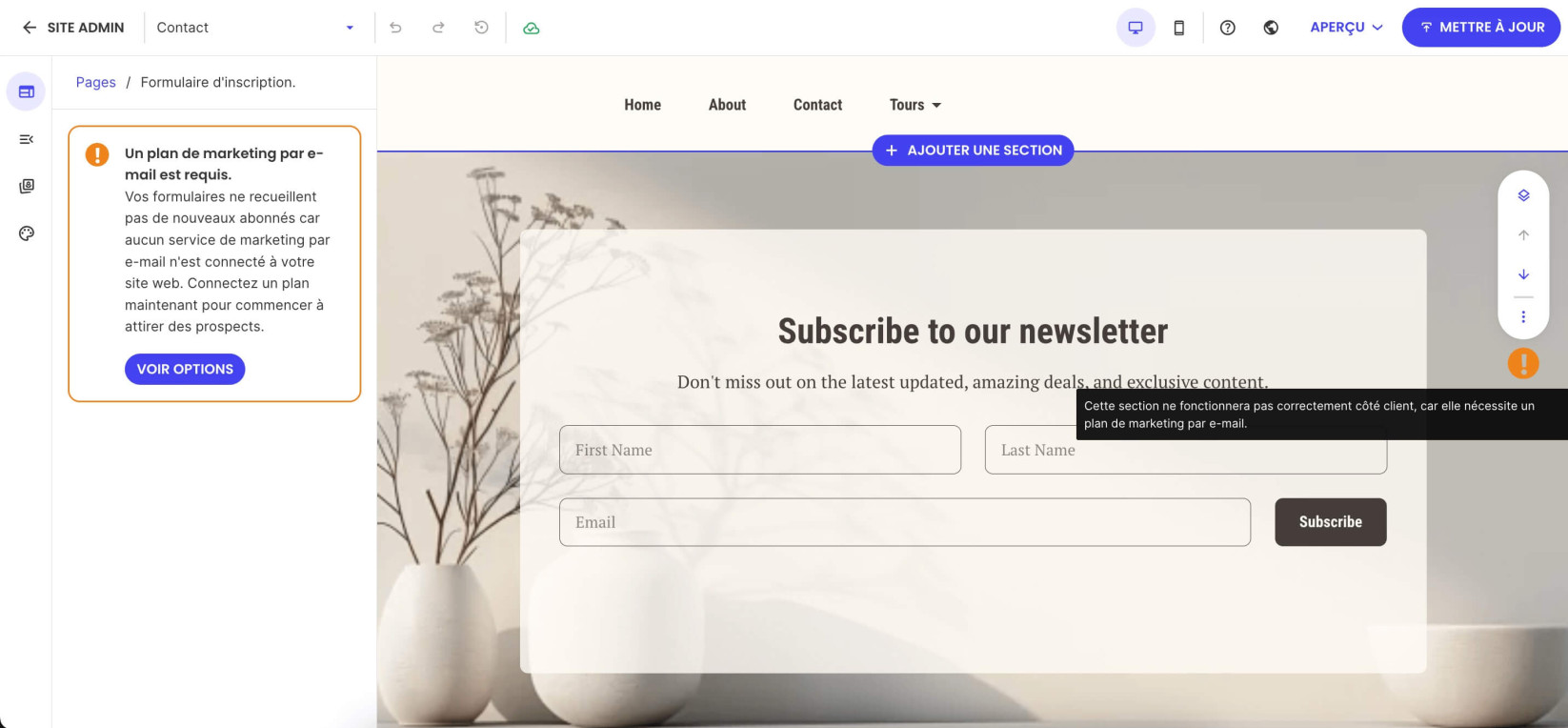 Message d’avertissement indiquant qu’un plan d'email marketing est requis pour que le formulaire d’abonnement fonctionne correctement dans le Website Builder de SiteGround.