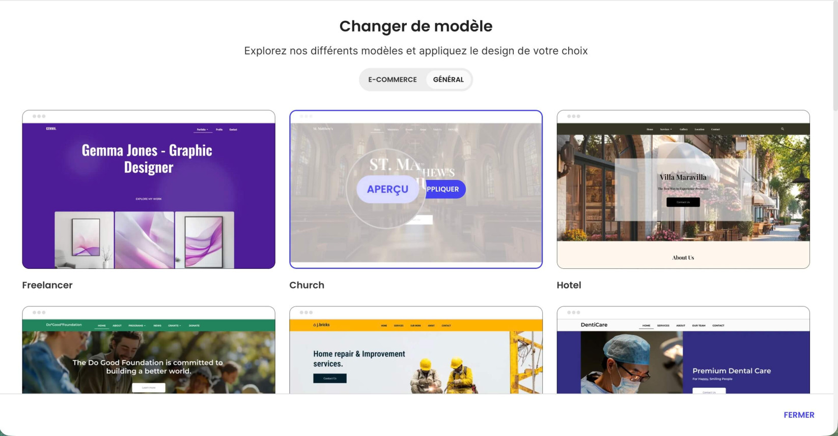 Bouton de prévisualisation pour prévisualiser un modèle de la liste des modèles de Website Builder
