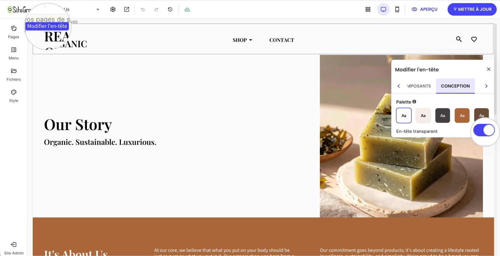 Bouton de bascule Transparent Header pour rendre l'en-tête d'une page transparent