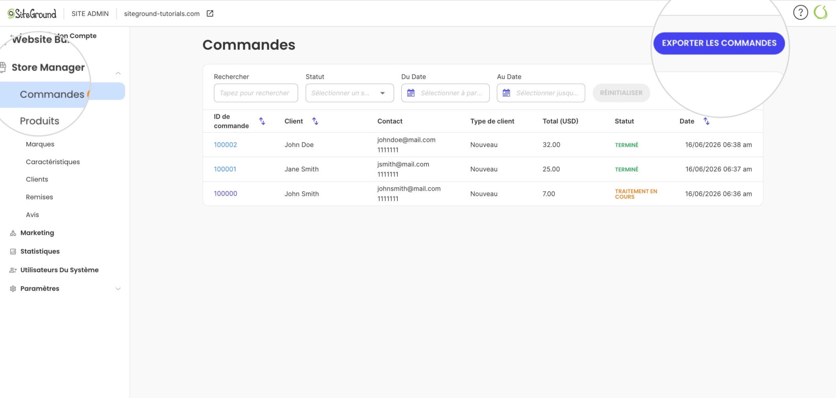 Section des commandes dans le panneau Site Admin d'une boutique Ecommerce avec un bouton Exporter les commandes mis en évidence