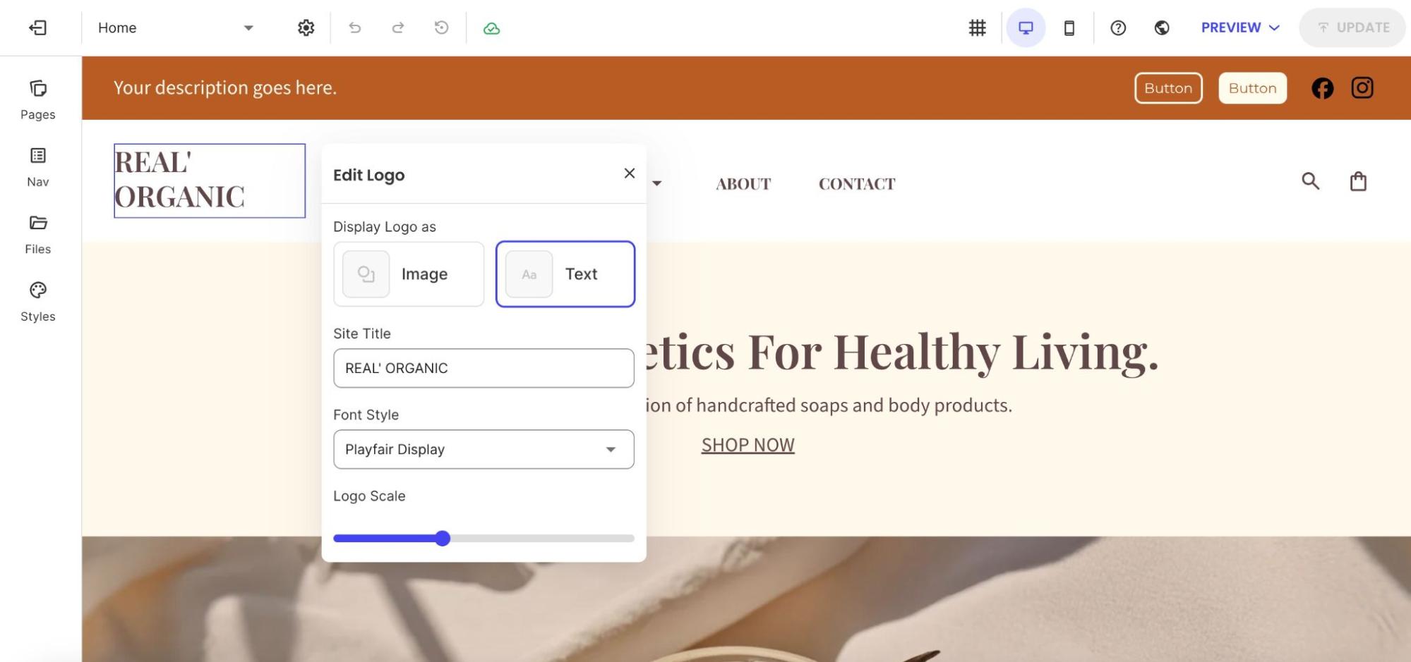 Edit Logo popup with text logo selected and customization options visible