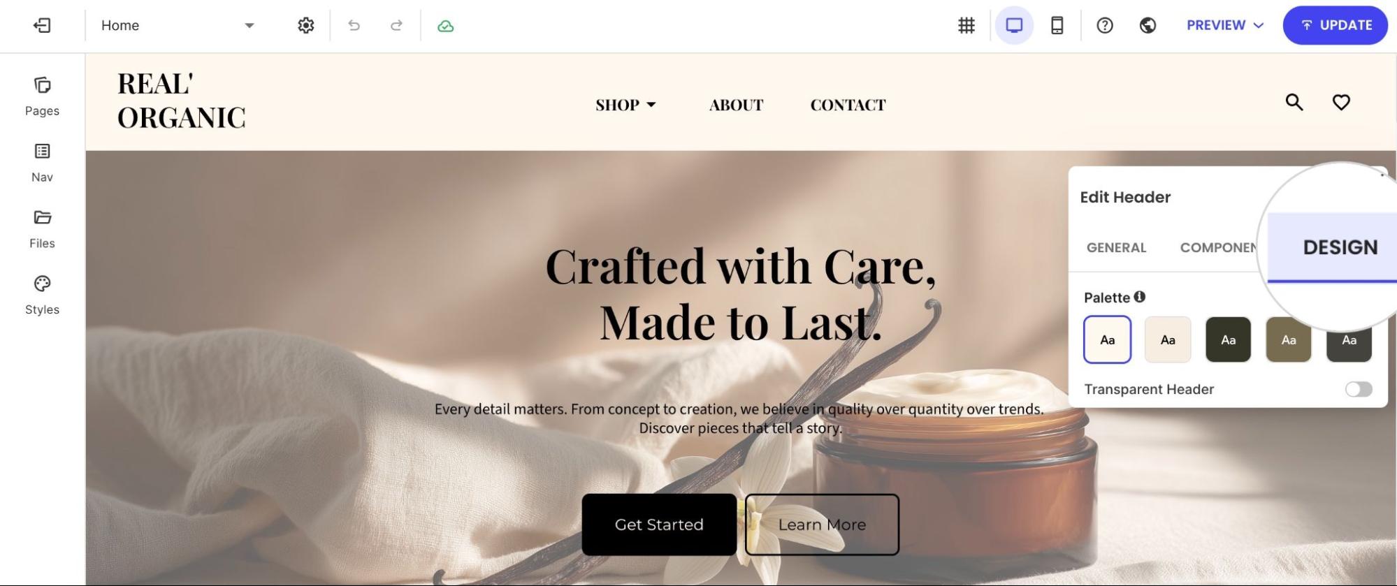 Header settings panel with Design tab showing color palette options
