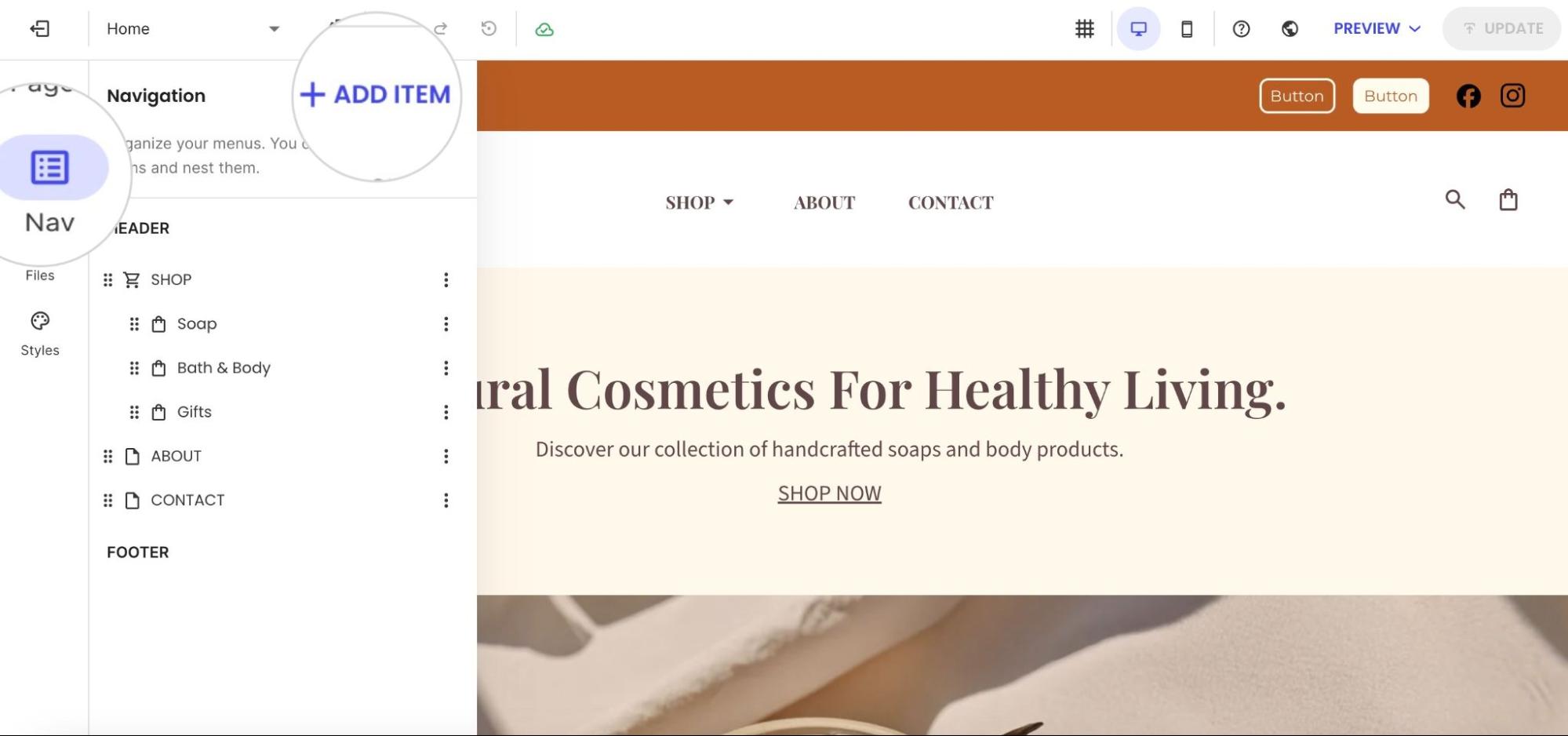 Navigation panel with Add Item button highlighted in Website Builder
