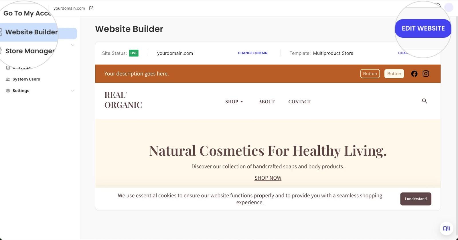 SiteGround Website Builder dashboard with Edit Website button highlighted