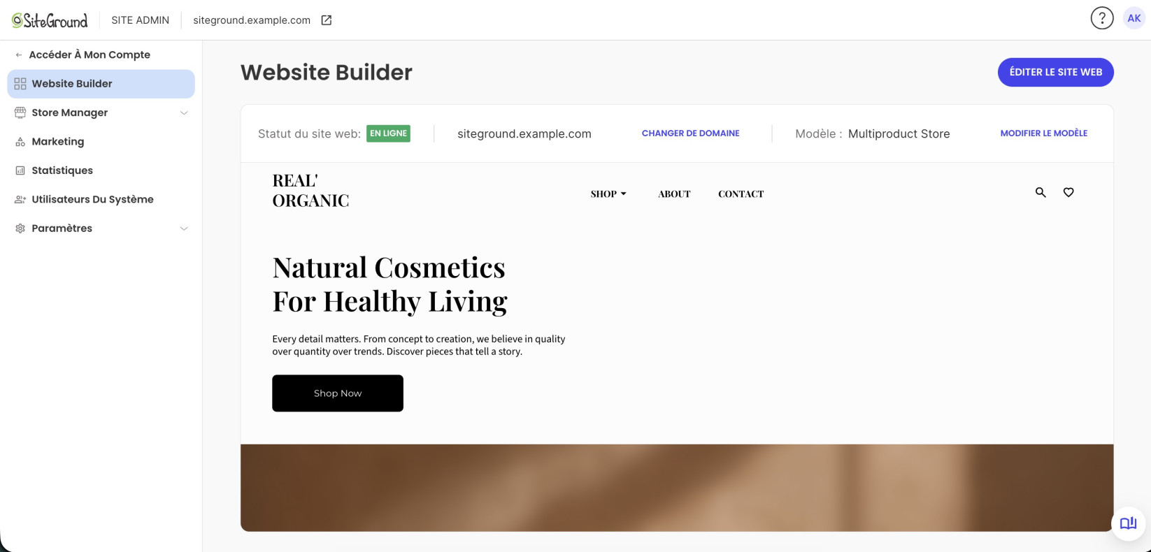 Tableau de bord SiteGround Website Builder avec le bouton Modifier le site web mis en évidence