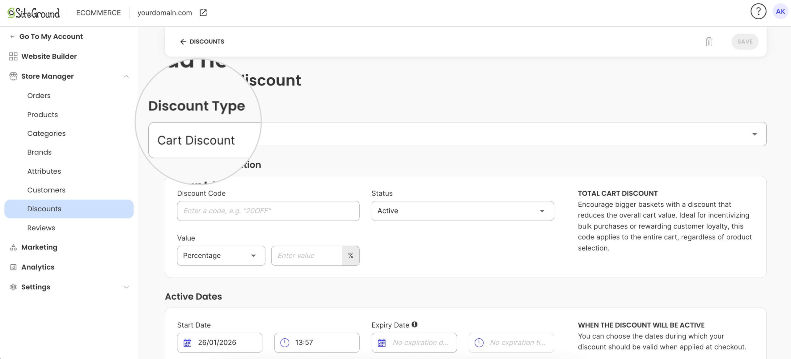 The “Add new discount” screen in the SiteGround Ecommerce Store Manager with “Cart Discount” selected as the discount type, showing fields for the discount code, status, percentage value, and active dates, along with a description explaining that the discount applies to the total cart value.