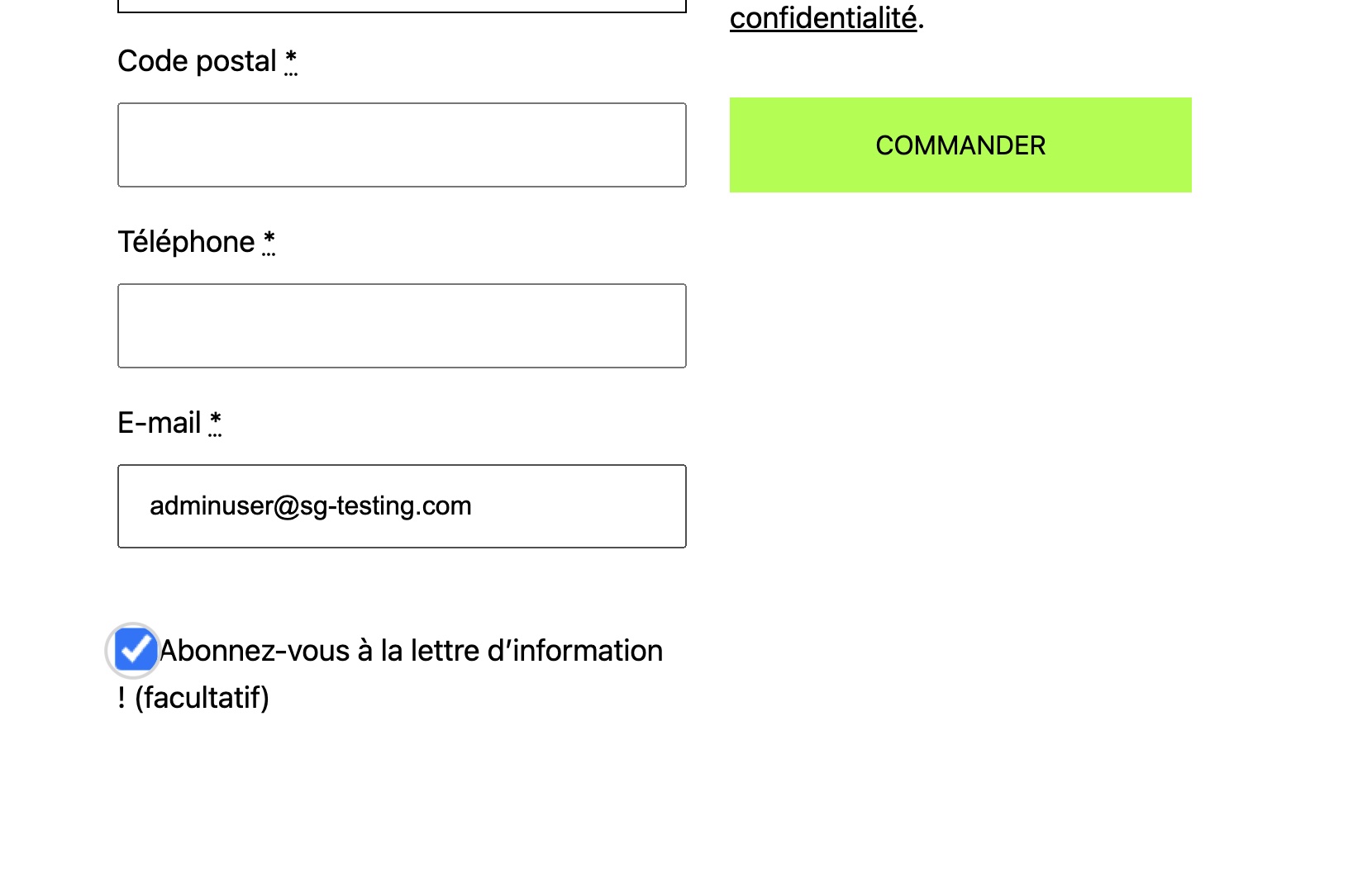 Une case à cocher d'inscription à la newsletter sur une page de paiement dans un site web WordPress